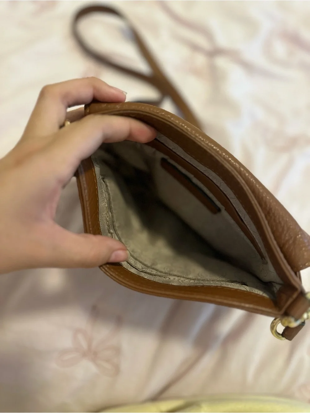 Michael Kors Tan Leather Crossbody with Gold Oval Plaque
